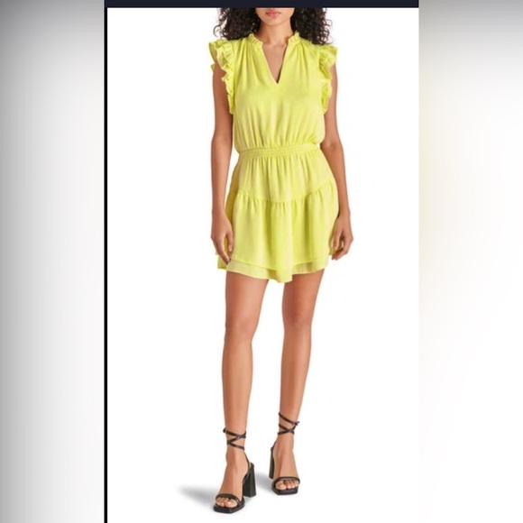 Steve Madden golden lime Prairie Dreams v-neck flutter sleeve mini Dress size XL - Picture 1 of 10